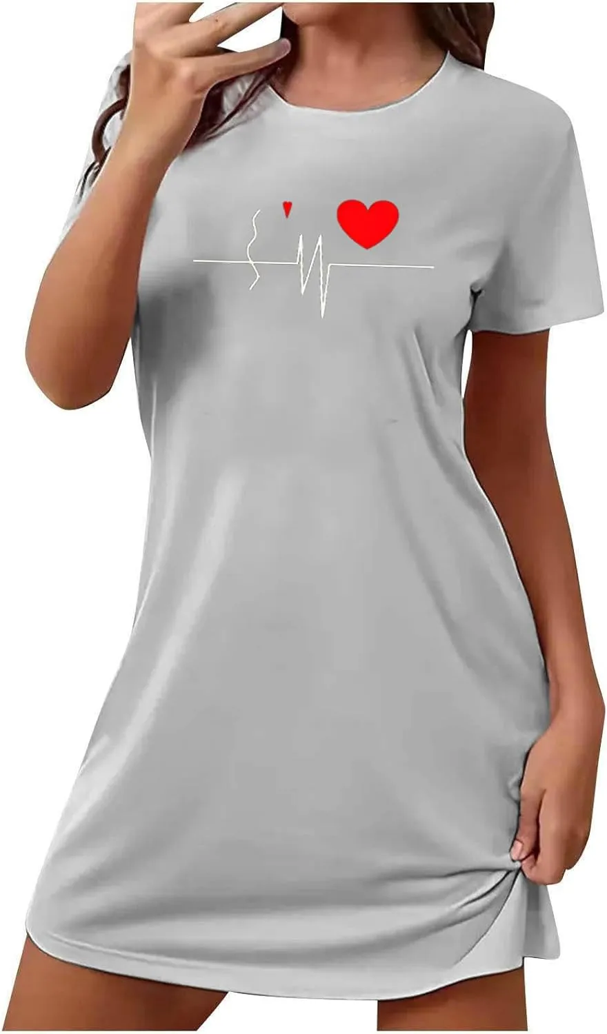 Women's Heart Printed Nightgown Short Sleeve Loose Sleepshirt Crew Neck Cute T Shirt Pullover Pajamas Dress Sleepwear