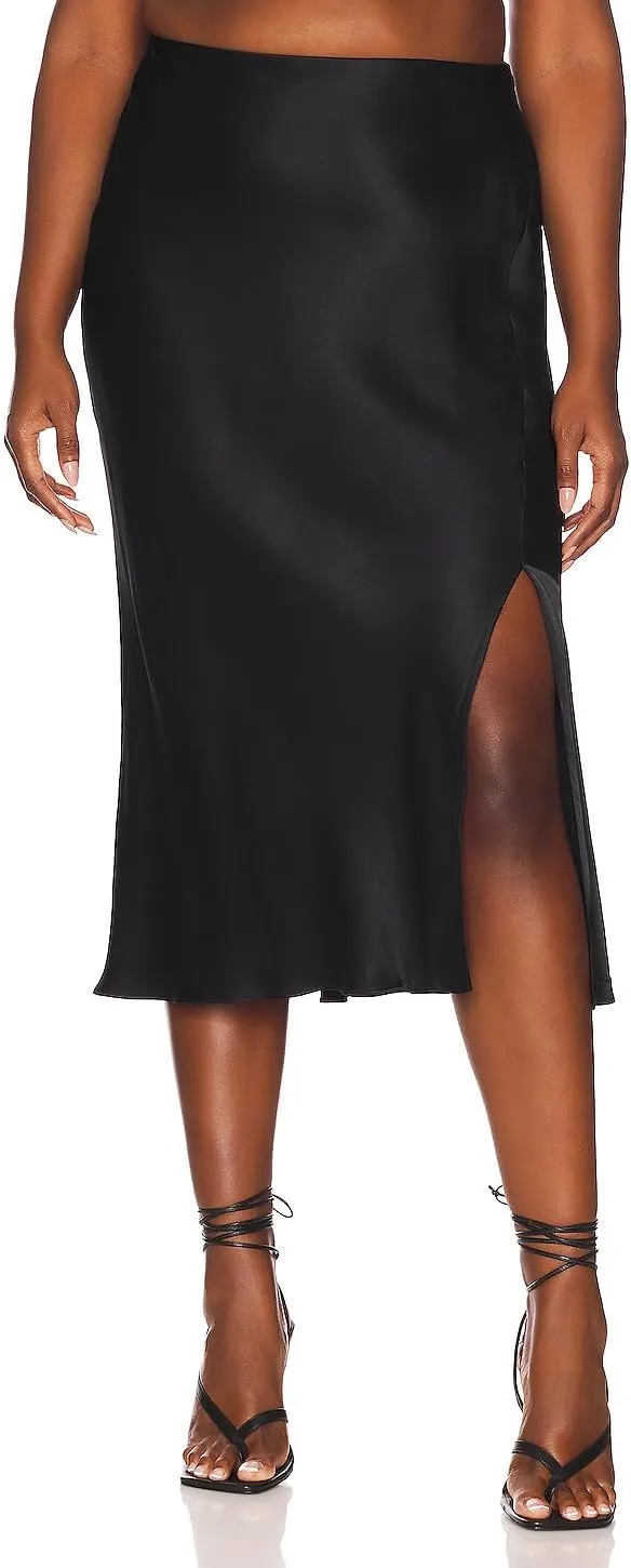 Women's High Waist Elastic Satin Midi Skirt with Slit Elegant A-Line Maxi Skirts