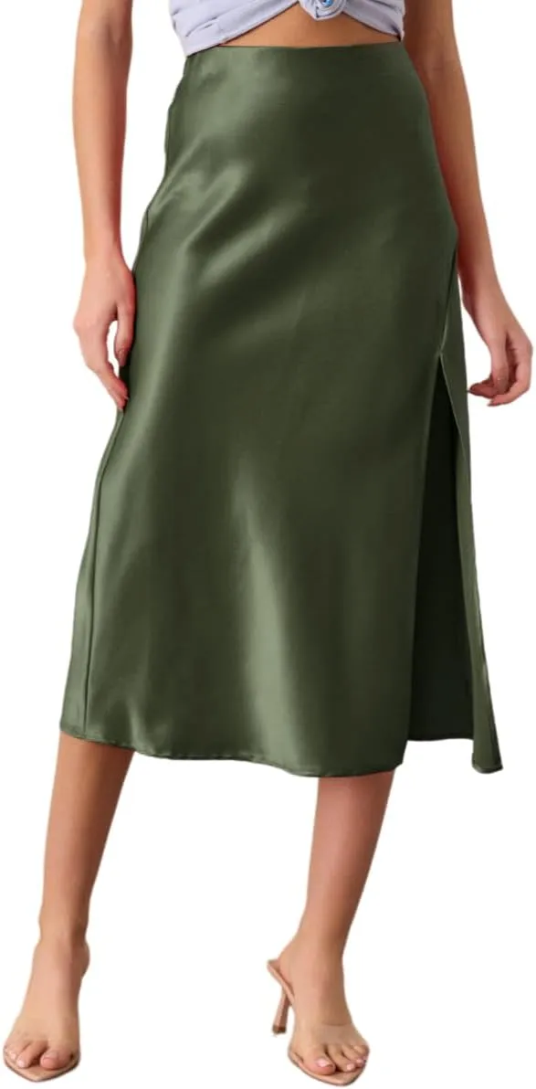 Women's High Waist Elastic Satin Midi Skirt with Slit Elegant A-Line Maxi Skirts