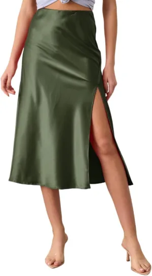 Women's High Waist Elastic Satin Midi Skirt with Slit Elegant A-Line Maxi Skirts