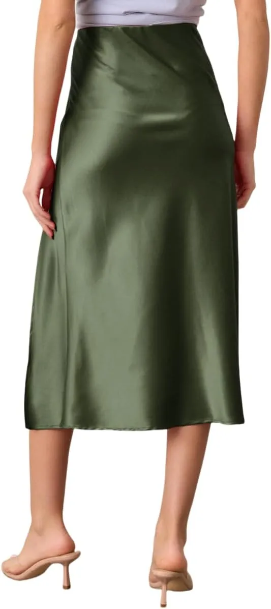 Women's High Waist Elastic Satin Midi Skirt with Slit Elegant A-Line Maxi Skirts