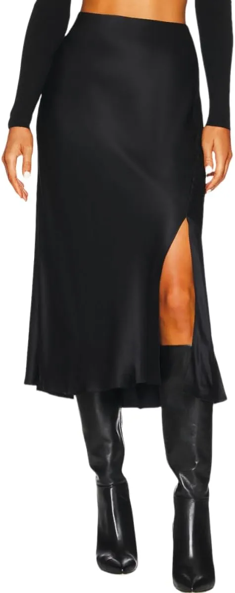 Women's High Waist Elastic Satin Midi Skirt with Slit Elegant A-Line Maxi Skirts