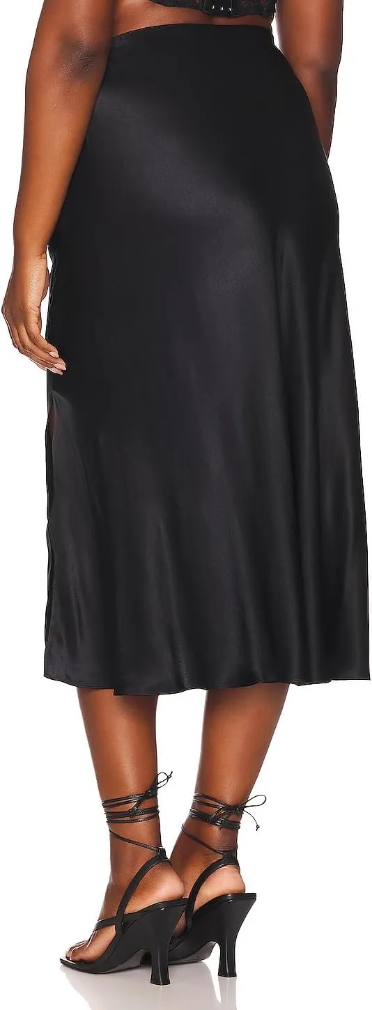 Women's High Waist Elastic Satin Midi Skirt with Slit Elegant A-Line Maxi Skirts
