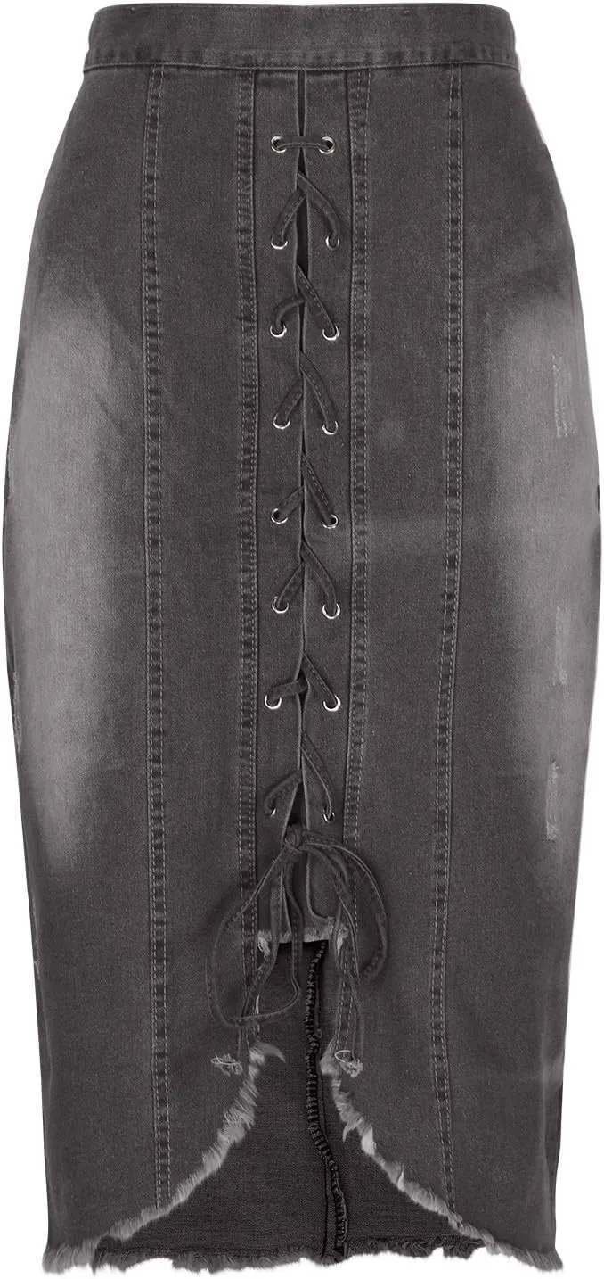 Womens High Waist Lace Up Split Front Skirts Long A Line Bodycon Washed Denim Jean Skirt Fashion Elegant Skirts