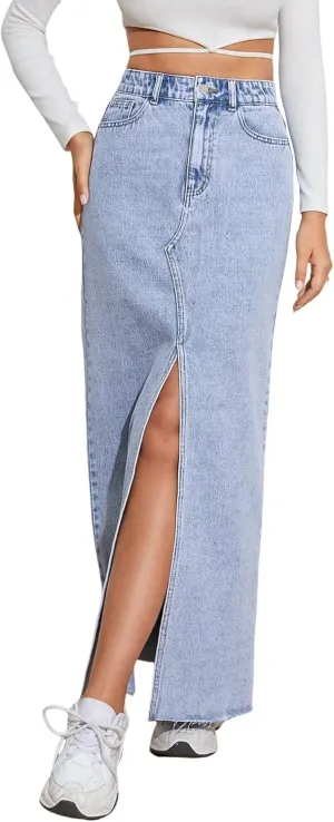Women's High Waist Maxi Denim Skirt Front Split Frayed Raw Hem A line Casual Long Jean Skirt Light Blue XS.