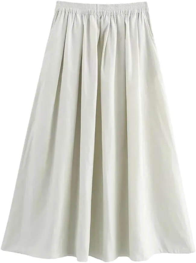 Women's High - Waist Solid - Color Loose Pleated Midi Skirt Simple and Casual for Women's Midi Skirt