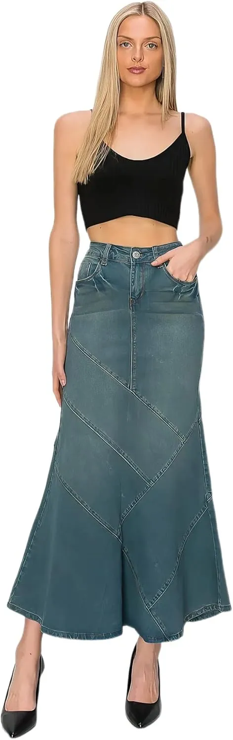Women's Juniors/Plus Size Stretch Denim Long Mermaid Silhouette Skirt (89075)
