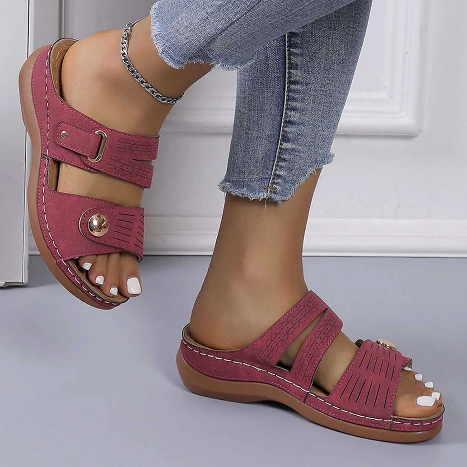 Womens Leather Flat Sandals Slide Casual Sandals with Arch Support Adjustable Hook and Loop Straps Slip-On Shoes