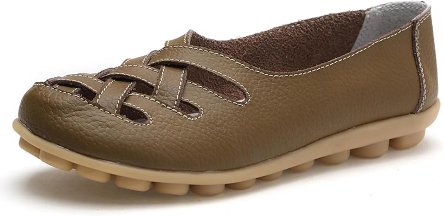 Women's Leather Loafers Walking Casual Orthopedic Loafers Summer Breathable Driving Flats Comfortable Slip On Baech Shoes