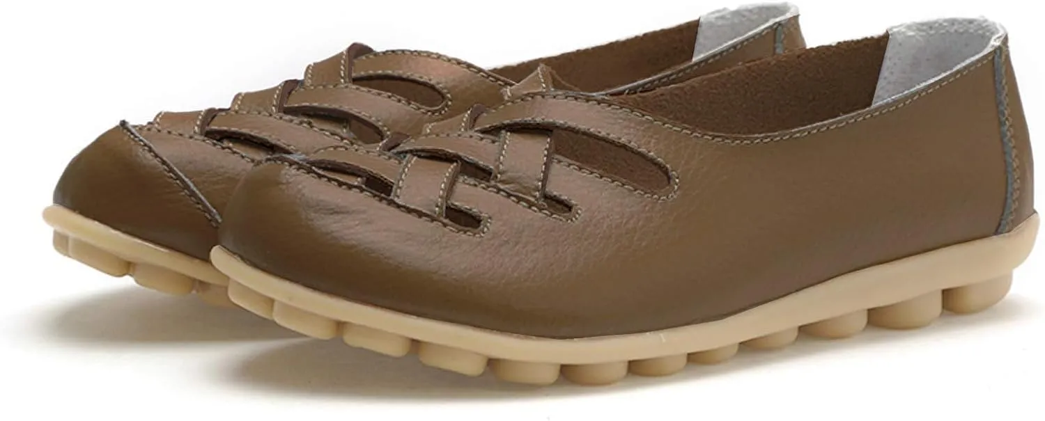 Women's Leather Loafers Walking Casual Orthopedic Loafers Summer Breathable Driving Flats Comfortable Slip On Baech Shoes
