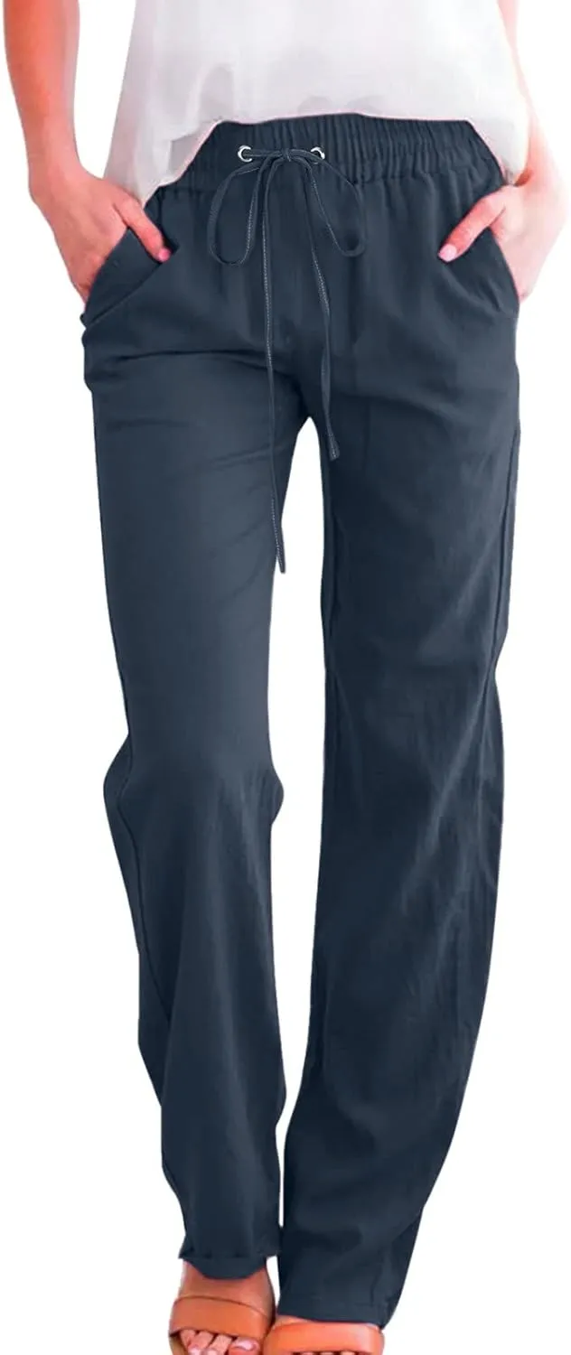 Women's Linen Blend Summer Comfy Palazzo Pants Low Waist Long Lounge Plus Size Palazzo Lounge Pants Office