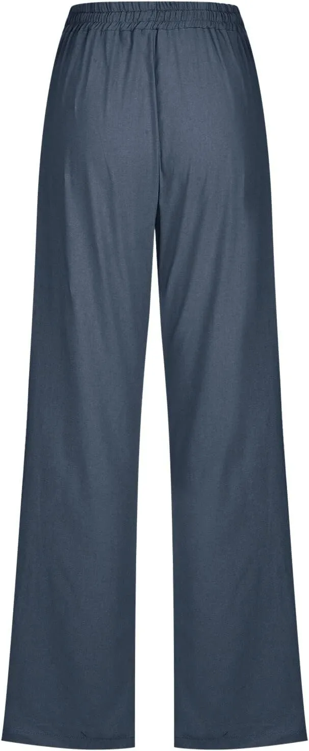 Women's Linen Blend Summer Comfy Palazzo Pants Low Waist Long Lounge Plus Size Palazzo Lounge Pants Office