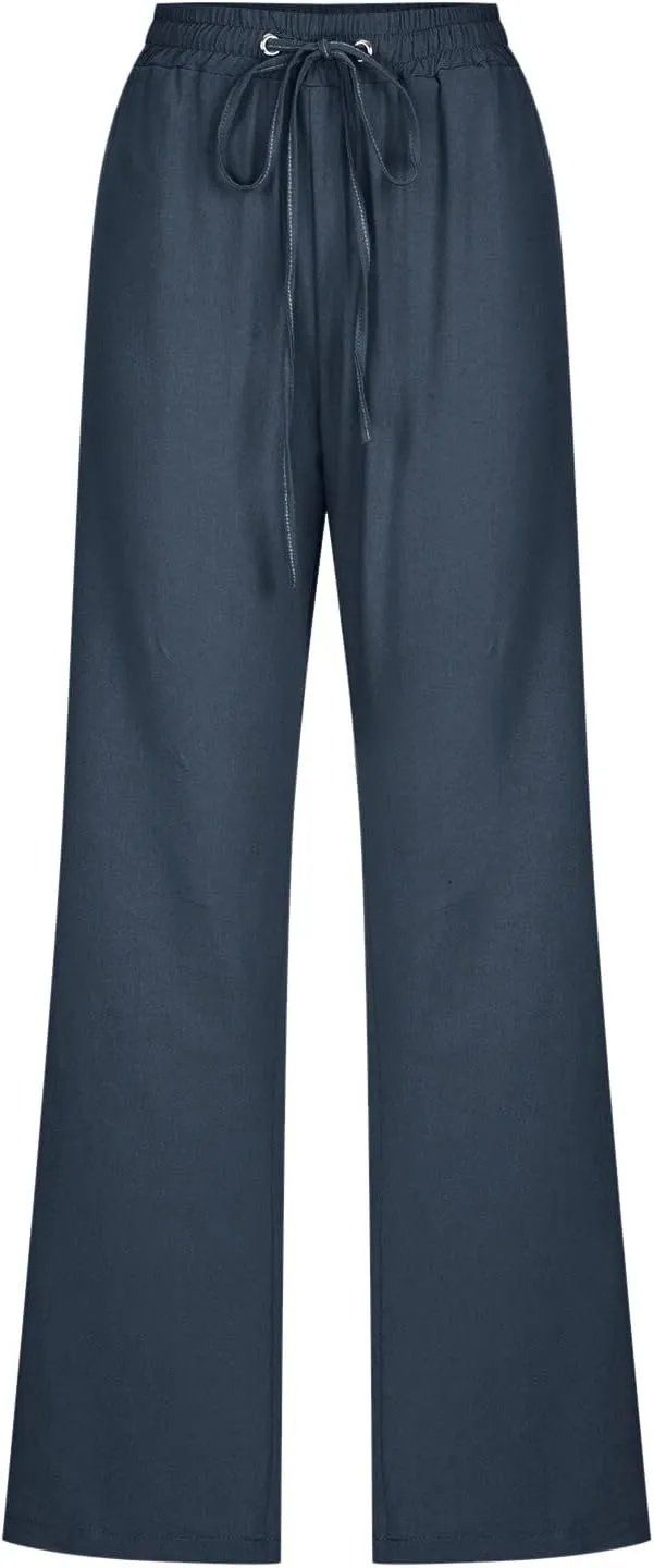 Women's Linen Blend Summer Comfy Palazzo Pants Low Waist Long Lounge Plus Size Palazzo Lounge Pants Office