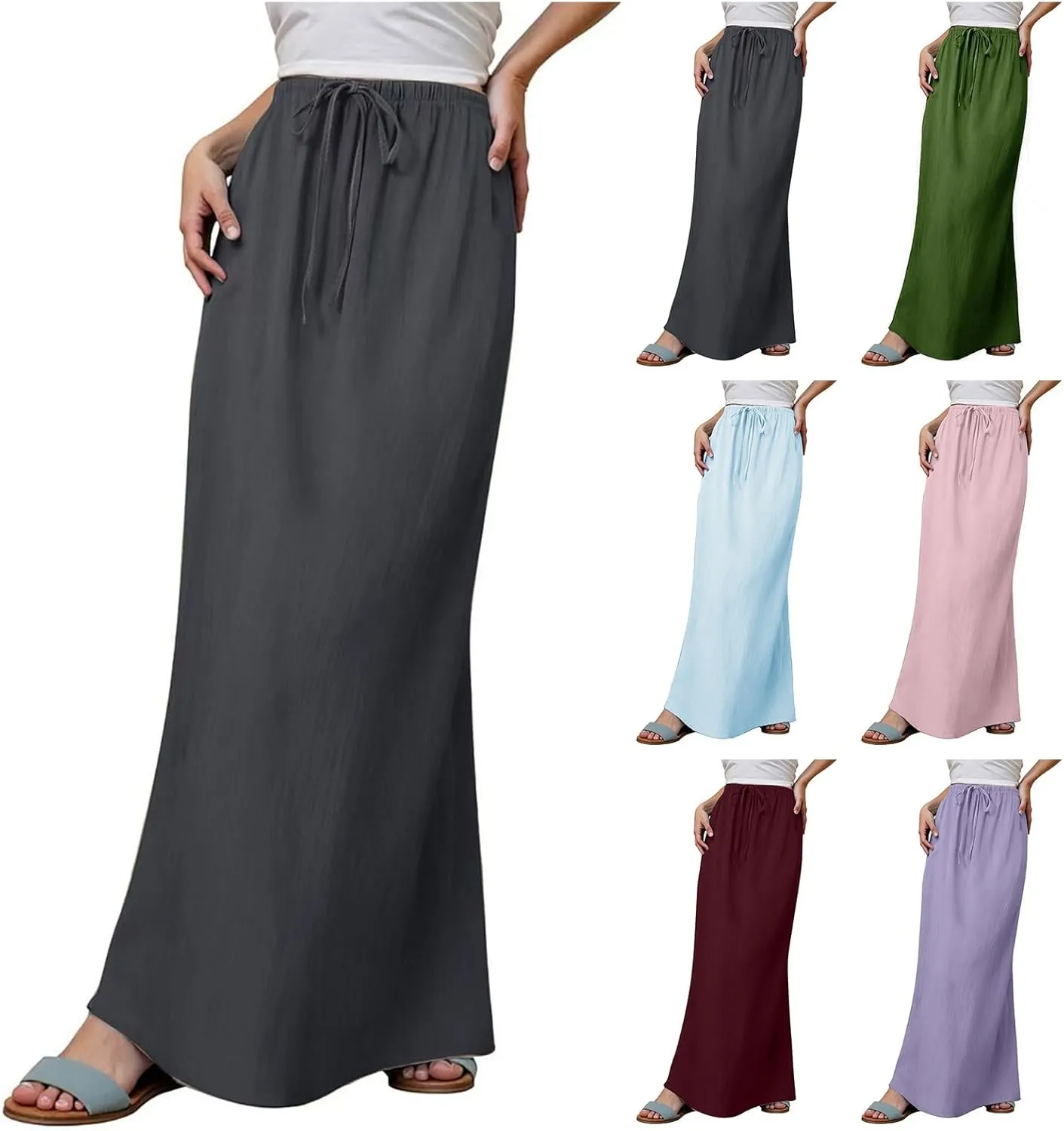 Womens Linen Maxi Skirts Summer Elastic Waist Drawstring A Line Long Flared Skirts Vacation Boho Flowy Skirt