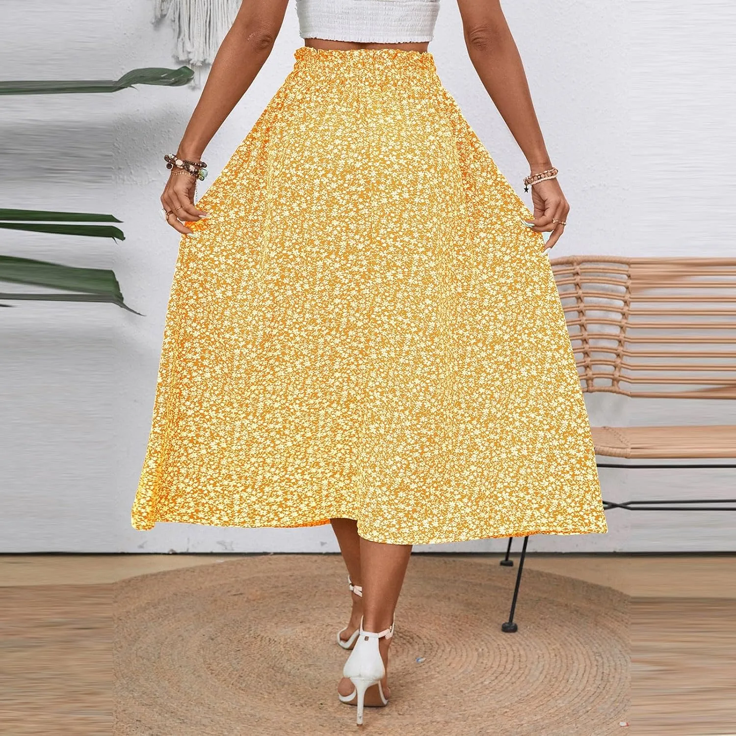 Womens Linen Mid Length Skirt Summer Drawstring High Waisted Skirt Pleated A Line Knee Length Skirts with Pockets