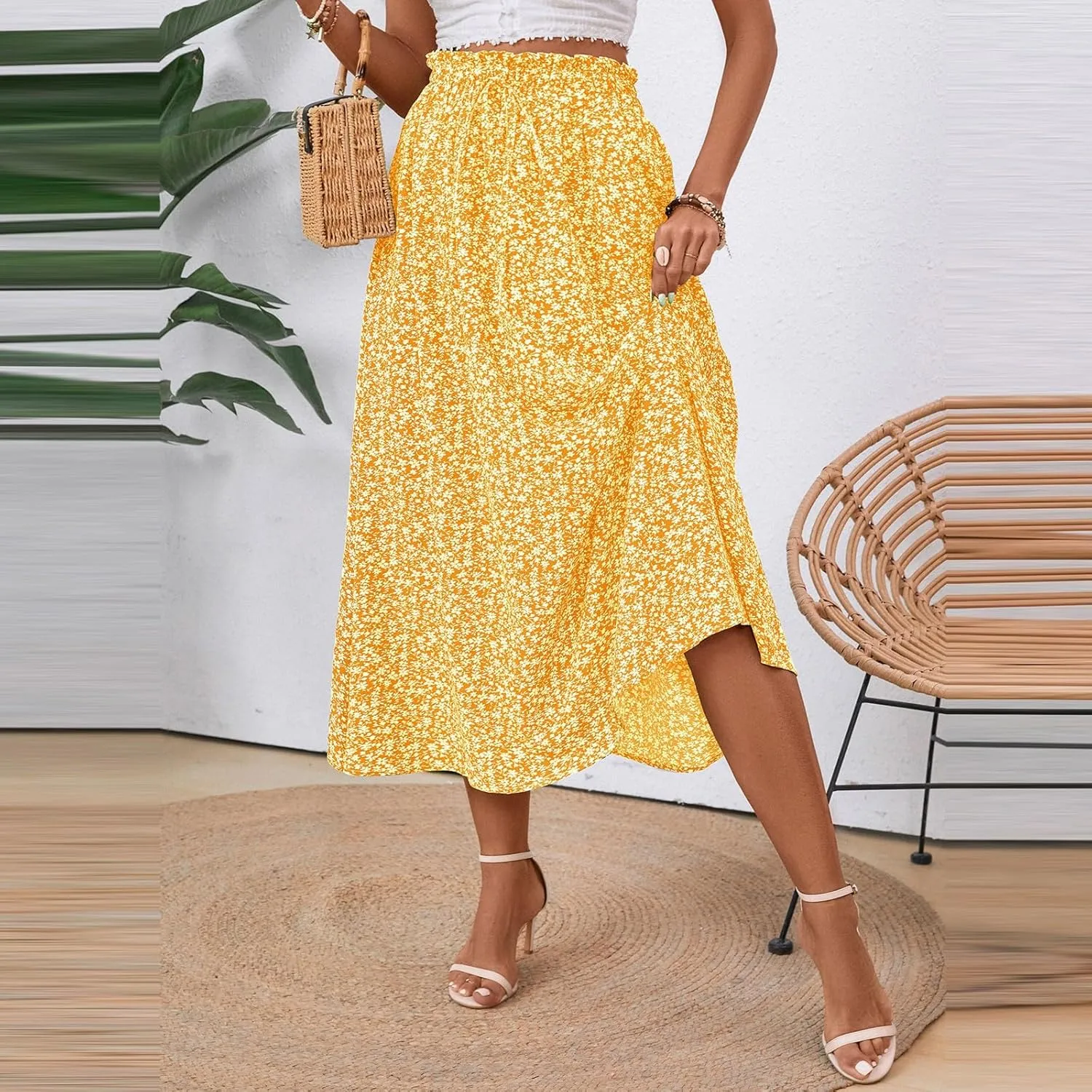 Womens Linen Mid Length Skirt Summer Drawstring High Waisted Skirt Pleated A Line Knee Length Skirts with Pockets