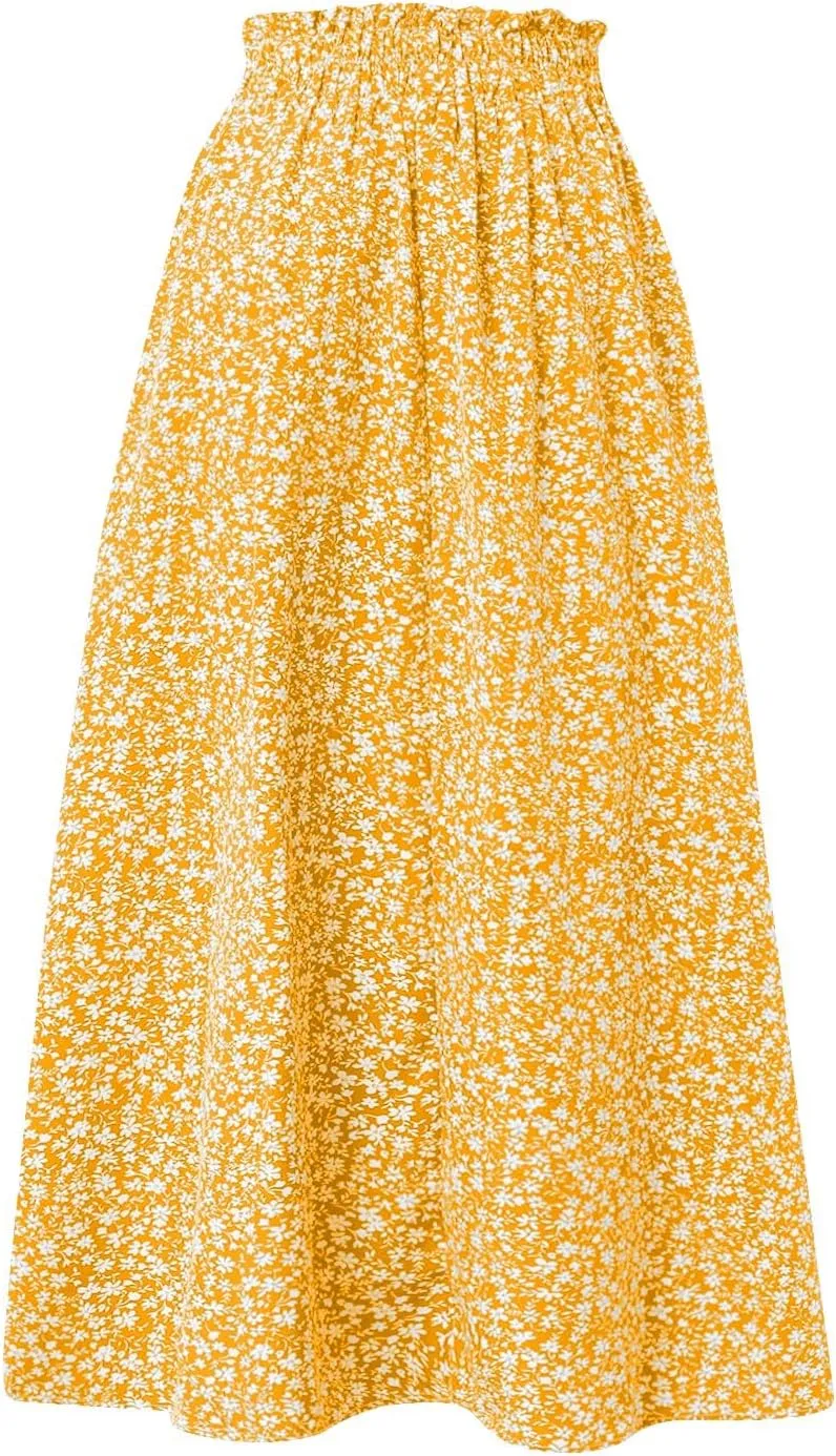 Womens Linen Mid Length Skirt Summer Drawstring High Waisted Skirt Pleated A Line Knee Length Skirts with Pockets