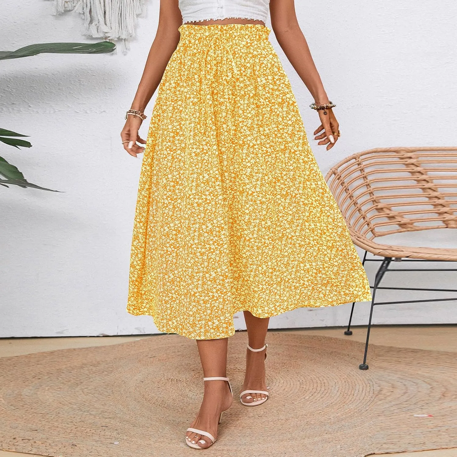 Womens Linen Mid Length Skirt Summer Drawstring High Waisted Skirt Pleated A Line Knee Length Skirts with Pockets