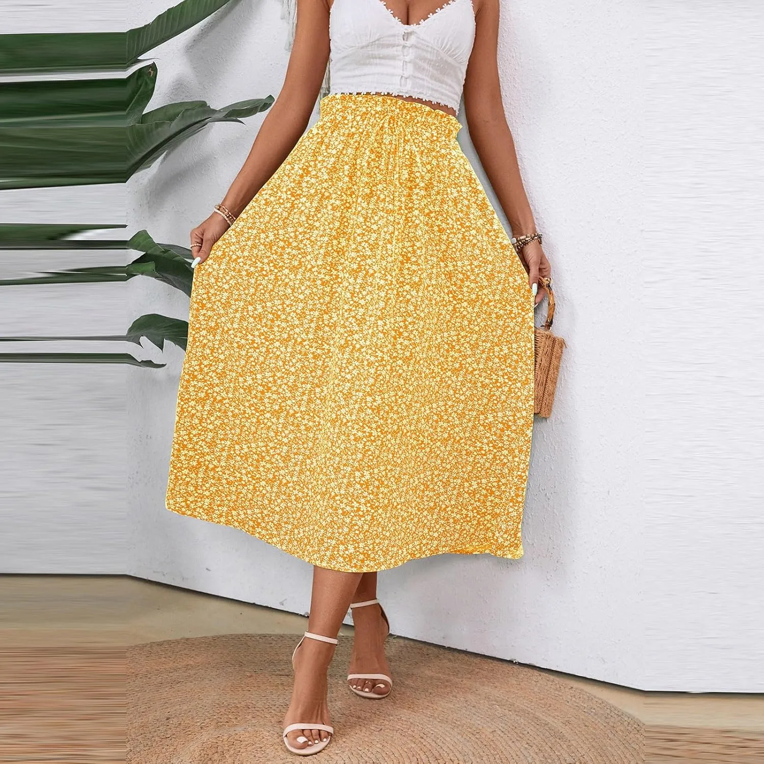 Womens Linen Mid Length Skirt Summer Drawstring High Waisted Skirt Pleated A Line Knee Length Skirts with Pockets