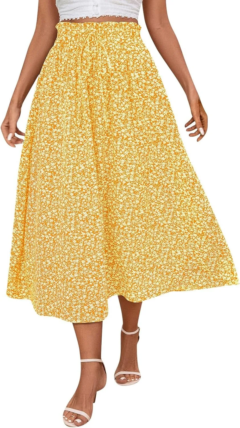 Womens Linen Mid Length Skirt Summer Drawstring High Waisted Skirt Pleated A Line Knee Length Skirts with Pockets