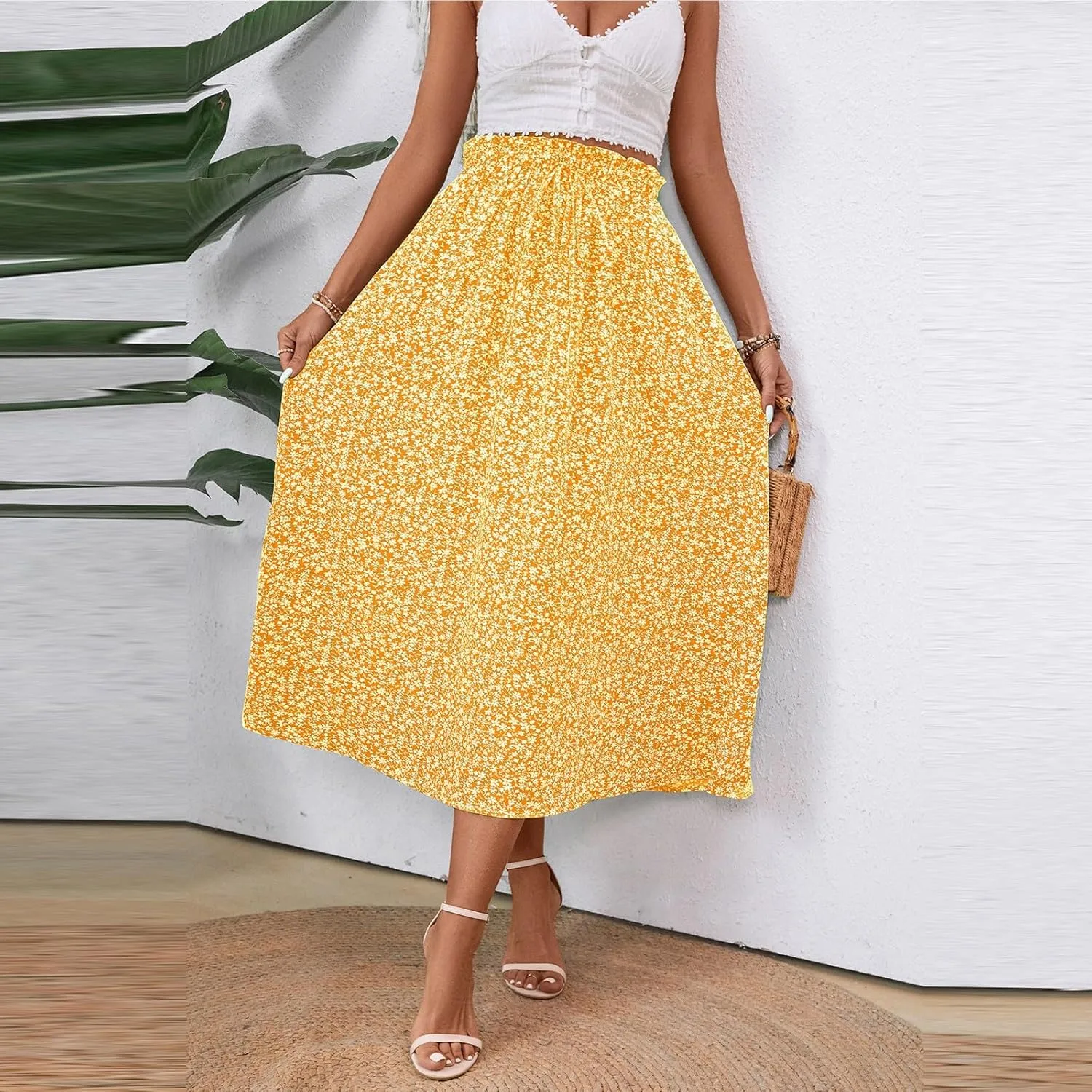 Womens Linen Mid Length Skirt Summer Drawstring High Waisted Skirt Pleated A Line Knee Length Skirts with Pockets