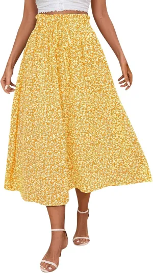 Womens Linen Mid Length Skirt Summer Drawstring High Waisted Skirt Pleated A Line Knee Length Skirts with Pockets