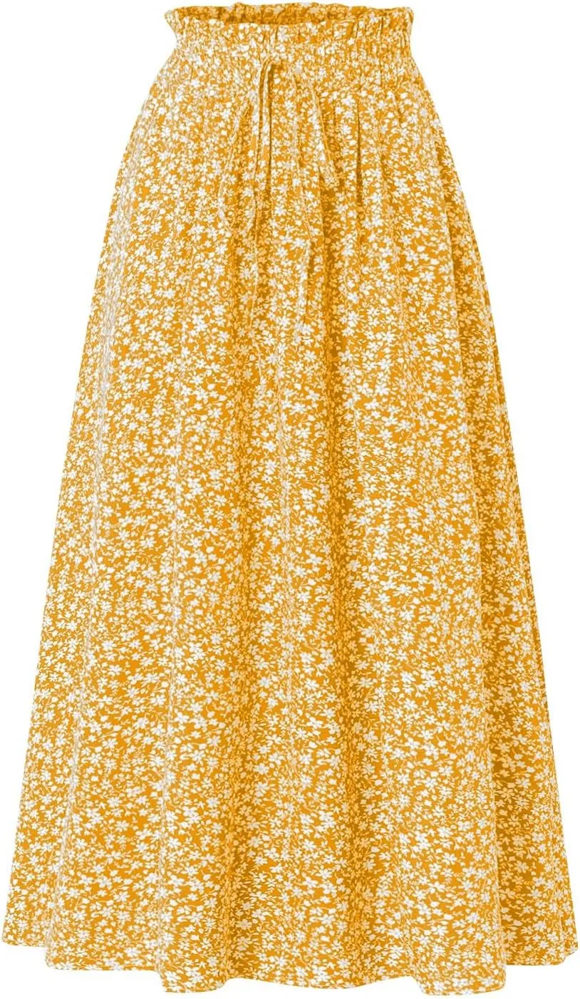 Womens Linen Mid Length Skirt Summer Drawstring High Waisted Skirt Pleated A Line Knee Length Skirts with Pockets