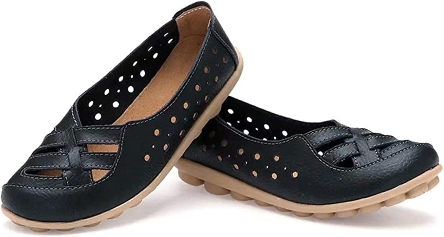 Womens Loafers Comfortable Dressy Leather Flat Sandals for Women 2025 Summer Orthopedic Sandals, Comfort Walking Slip On Loafers Hollow Out Breathable Shoes Casual Fashion Flats