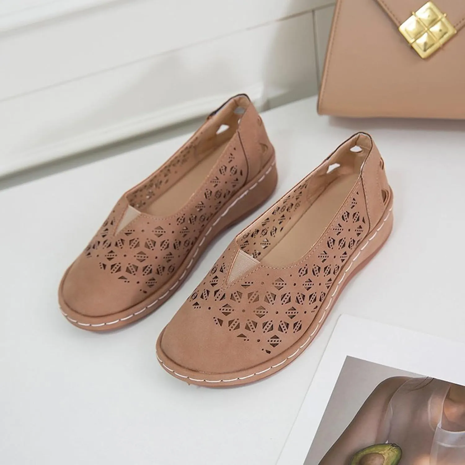 Womens Loafers with Arch Support Closed Toe Slip On Shoes Leather Hollow Out Breathable Cushion Walking Loafers Fashion Casual Lightweight Summer Shoes