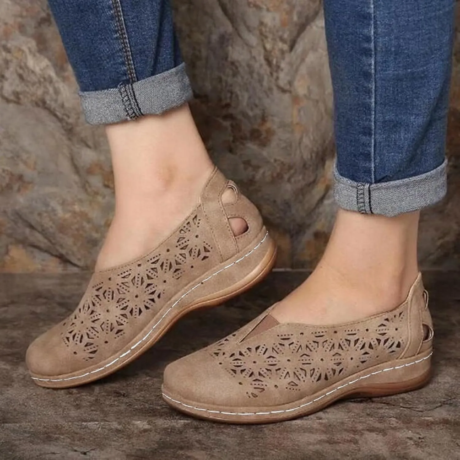 Womens Loafers with Arch Support Closed Toe Slip On Shoes Leather Hollow Out Breathable Cushion Walking Loafers Fashion Casual Lightweight Summer Shoes