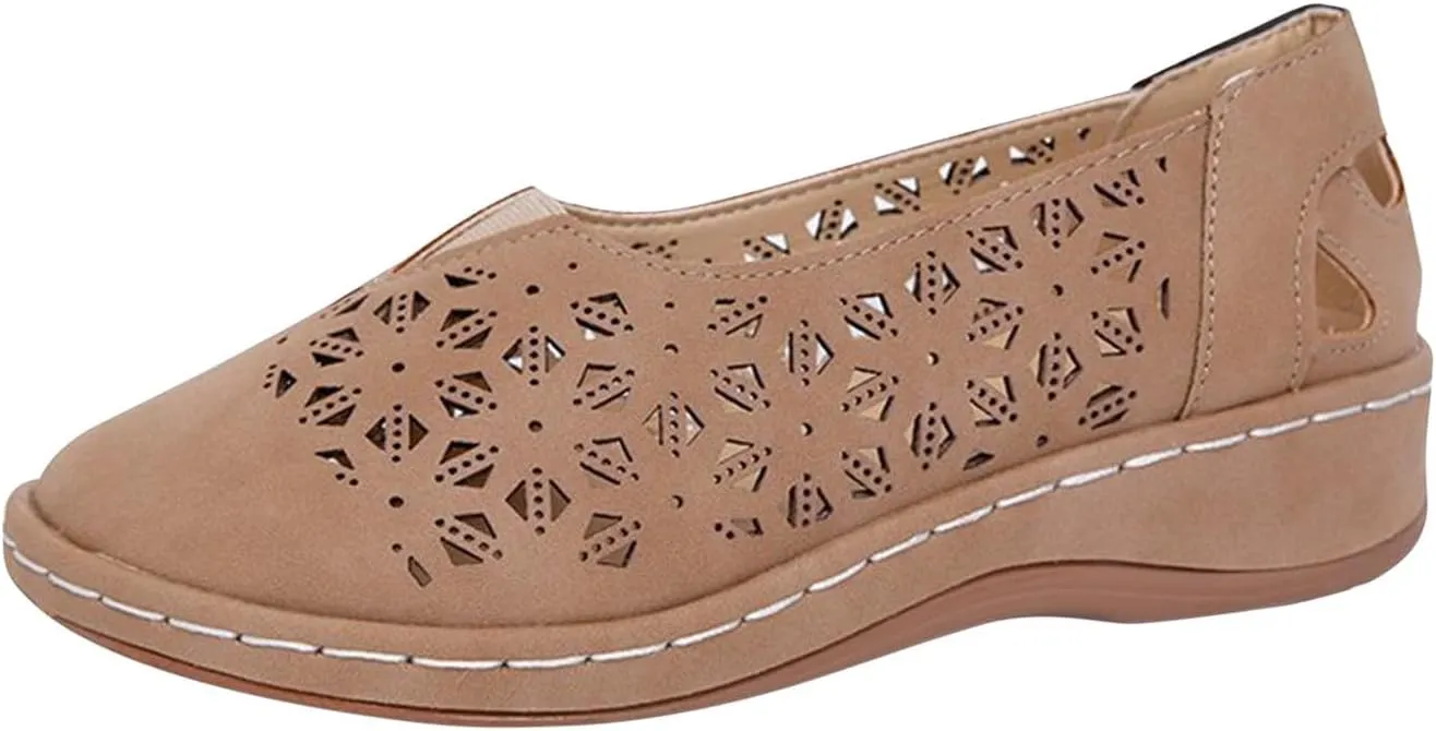 Womens Loafers with Arch Support Closed Toe Slip On Shoes Leather Hollow Out Breathable Cushion Walking Loafers Fashion Casual Lightweight Summer Shoes