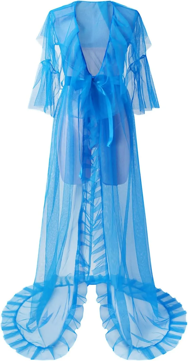 Women's Long Bridal Robes Tulle for Wedding Lingerie Maternity Bathrobe Photoshoot Illusion Wedding Scarf Party Nightgown