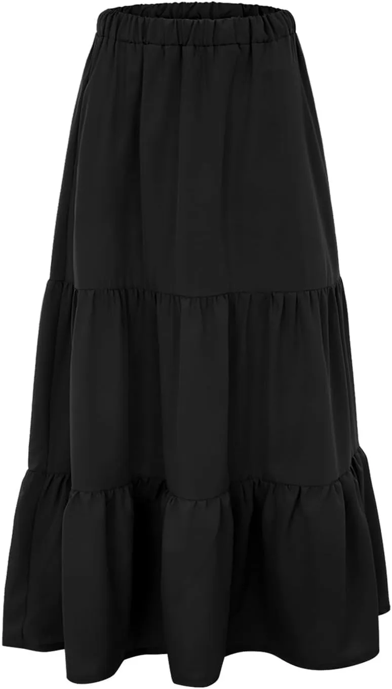 Womens Midi Skirts Summer Casual Flowy A-Line Elastic High Waist Tiered Ruffle Pleated Swing Boho Long Skirt Dress
