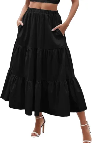Womens Midi Skirts Summer Casual Flowy A-Line Elastic High Waist Tiered Ruffle Pleated Swing Boho Long Skirt Dress
