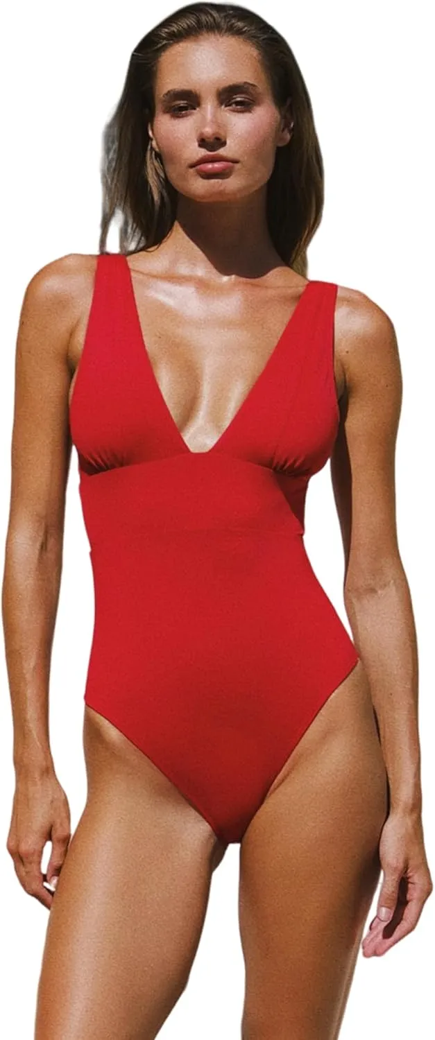 Womens One Piece Swimsuit Tummy Control Bathing Suit Sexy Deep V Neck Cheeky High Cut Swimwear