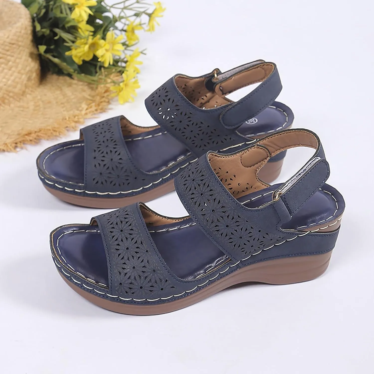 Womens Open Toe Crisscross Straps Wedge Sandals Orthopedic Dressy Wedges Sandal Walking Casual Beach Slingback Retro Hook Loop Slip-on Slip on Comfort Arch Support Ankle Strap Summer Shoes