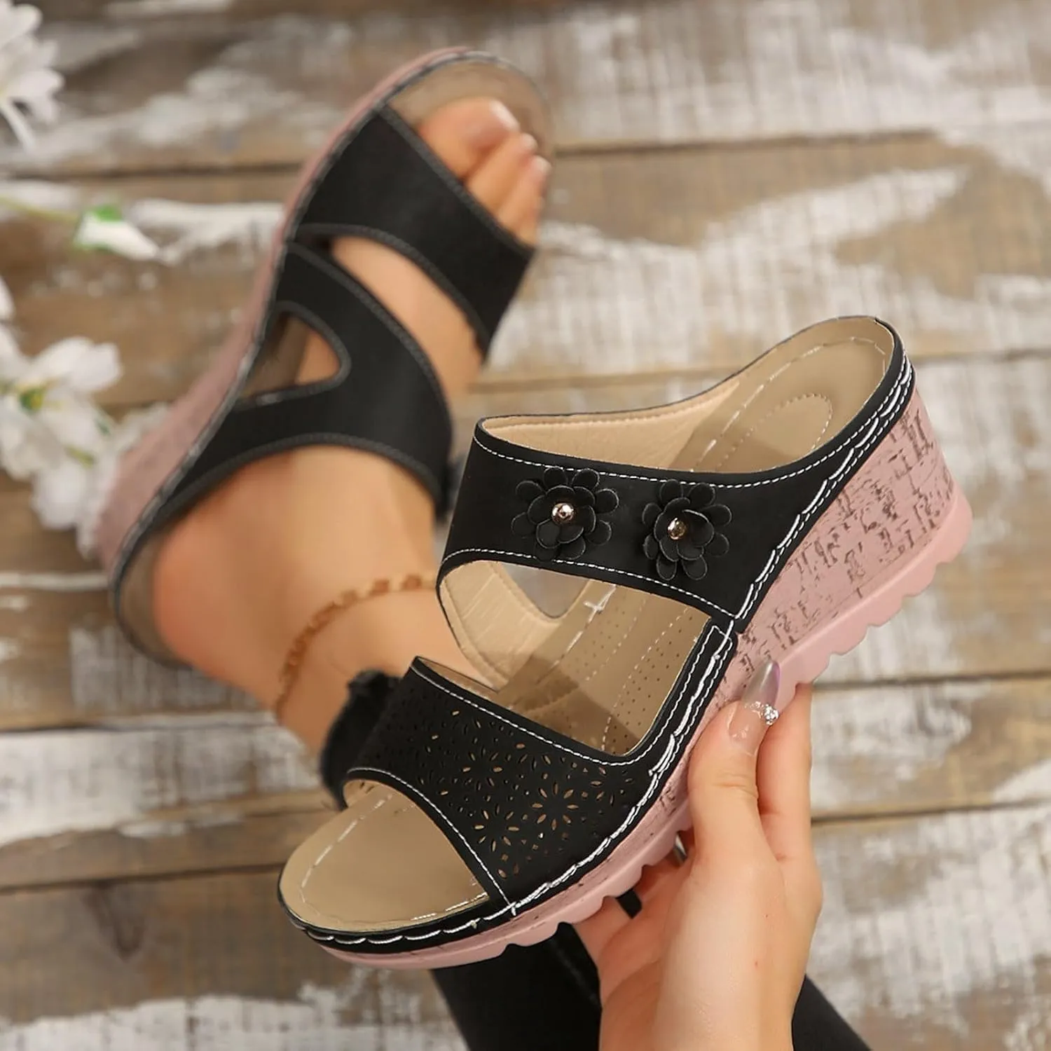 Women's Orthopedic Platform Wedge Sandals Ortho Comfort Strap Flowers Slide Sandals Dressy Summer Comfortable Lightweight Breathable Holes Arch Support Slippers Shock Absorbtion Wedge Shoes