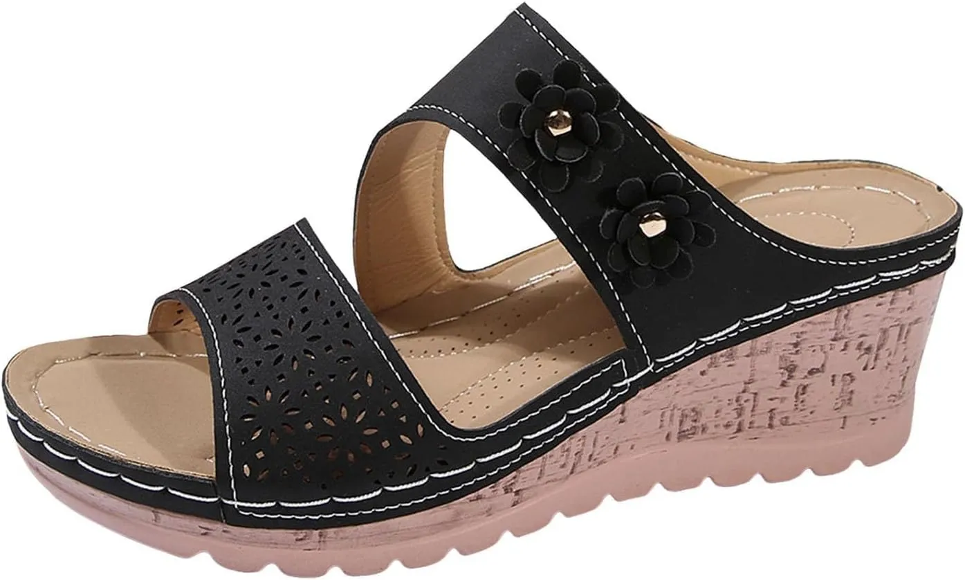 Women's Orthopedic Platform Wedge Sandals Ortho Comfort Strap Flowers Slide Sandals Dressy Summer Comfortable Lightweight Breathable Holes Arch Support Slippers Shock Absorbtion Wedge Shoes