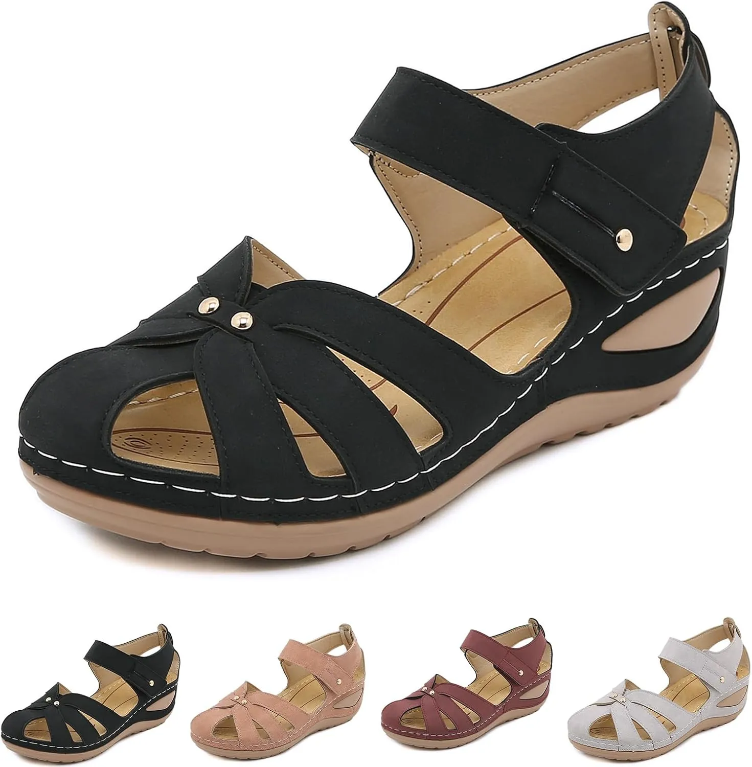 Womens Orthopedic Sandals Comforable Cutout Hook and Loop Wedges Gladiator Sandals, Closed Toe Fisherman Sandal Slip on Buckle Platform Weages Casual Walking Shoes
