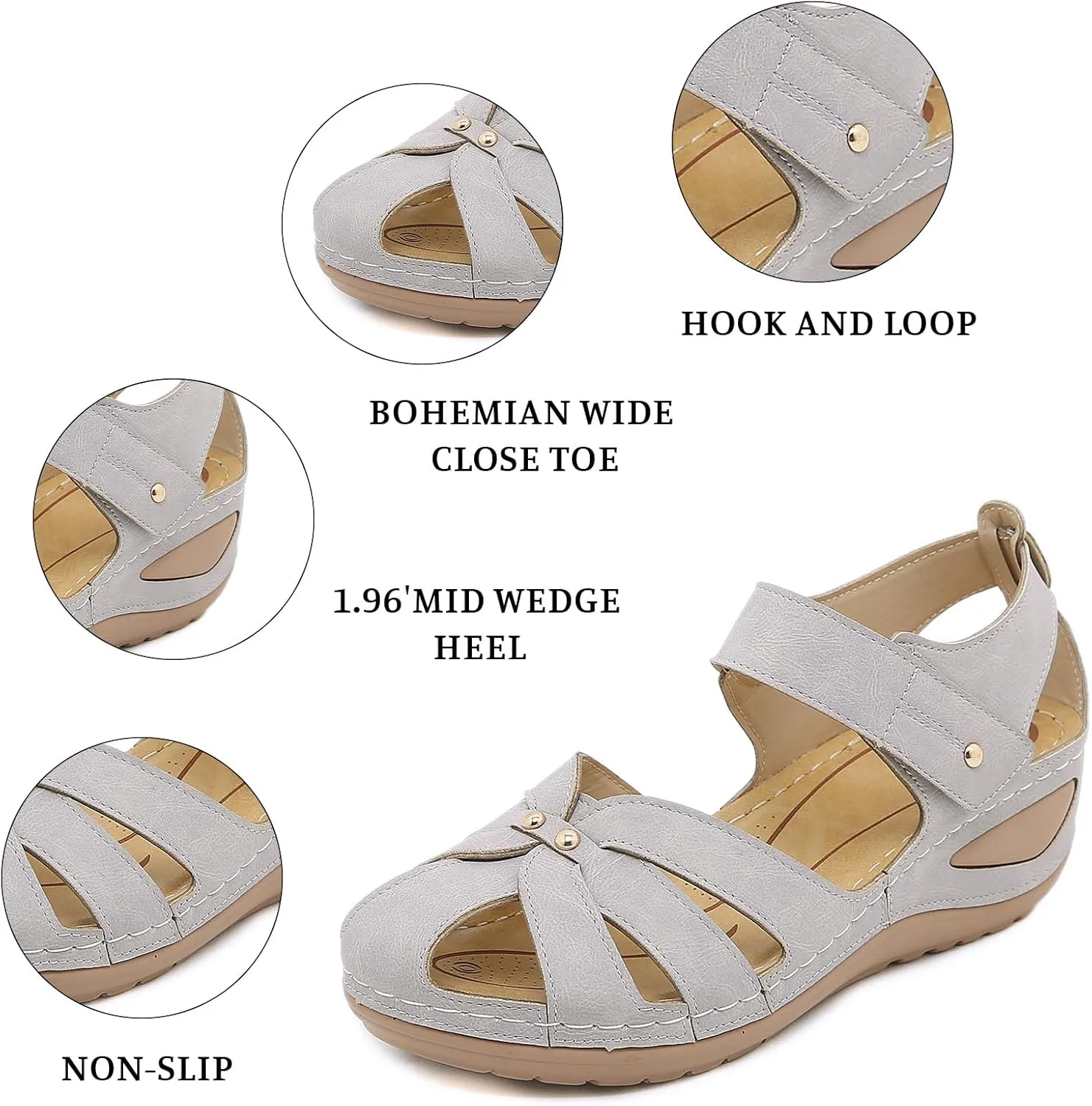 Womens Orthopedic Sandals Comforable Cutout Hook and Loop Wedges Gladiator Sandals, Closed Toe Fisherman Sandal Slip on Buckle Platform Weages Casual Walking Shoes