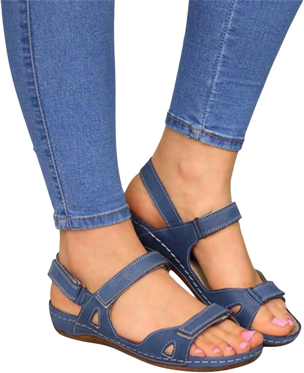 Womens Orthopedic Sandals Flat Wedge Sandals for Women Open Toe Double Strap Fish Mouth Sandal, Orthopedic Correction Leather Comfort Bunion Slippers Casual Buckle Beach Shoes