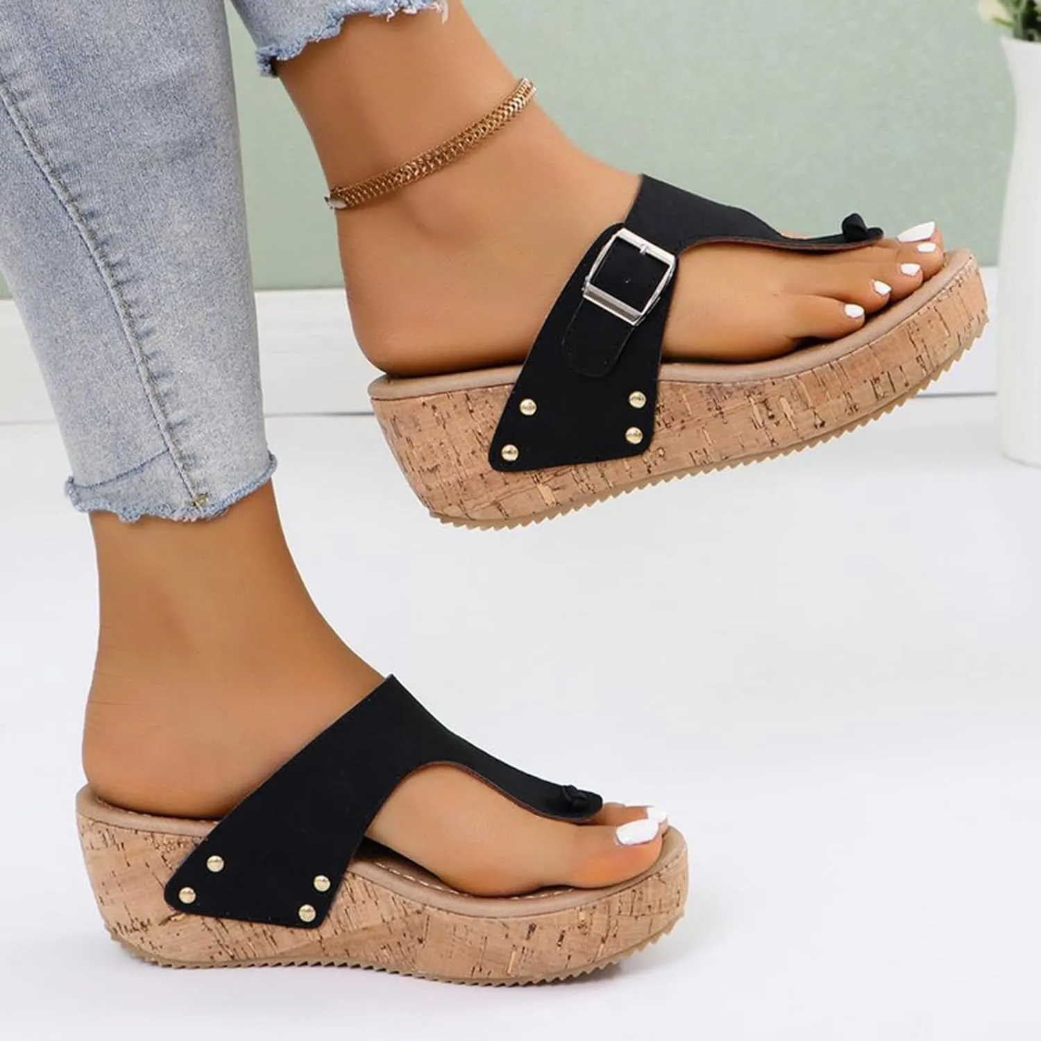Womens Orthopedic Wedge Sandals 2025 Summer Platform Cork Wedges Casual Dressy Beach Shoes with Buckle Ankle Strap