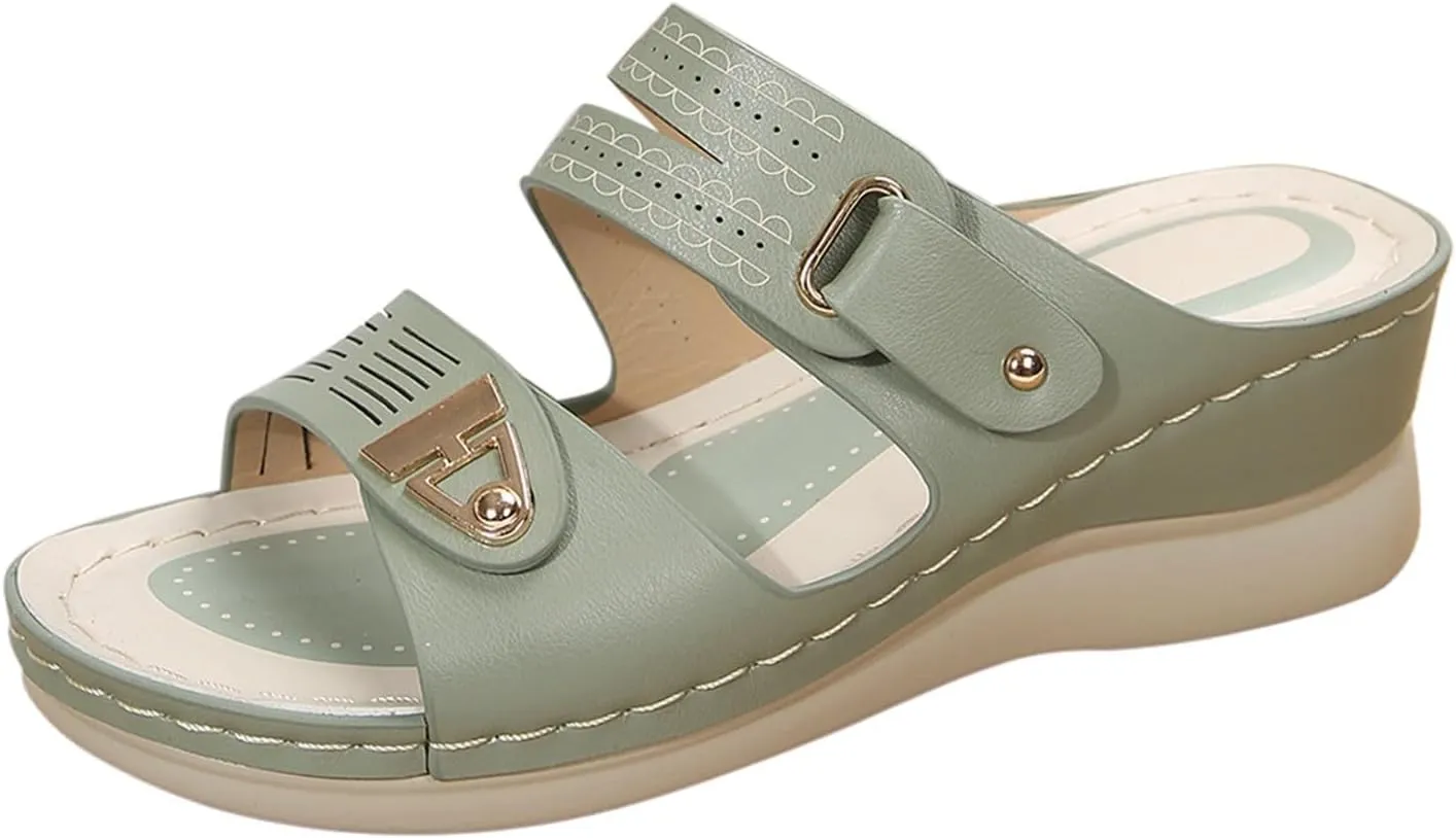 Women's Platform & Wedge Sandals Arch Support Slides Two Strap Slip on Orthopedic Sandals, Open Toe Hollow Out Metal Decoration Buckle Sandal Platform Walking Shoes