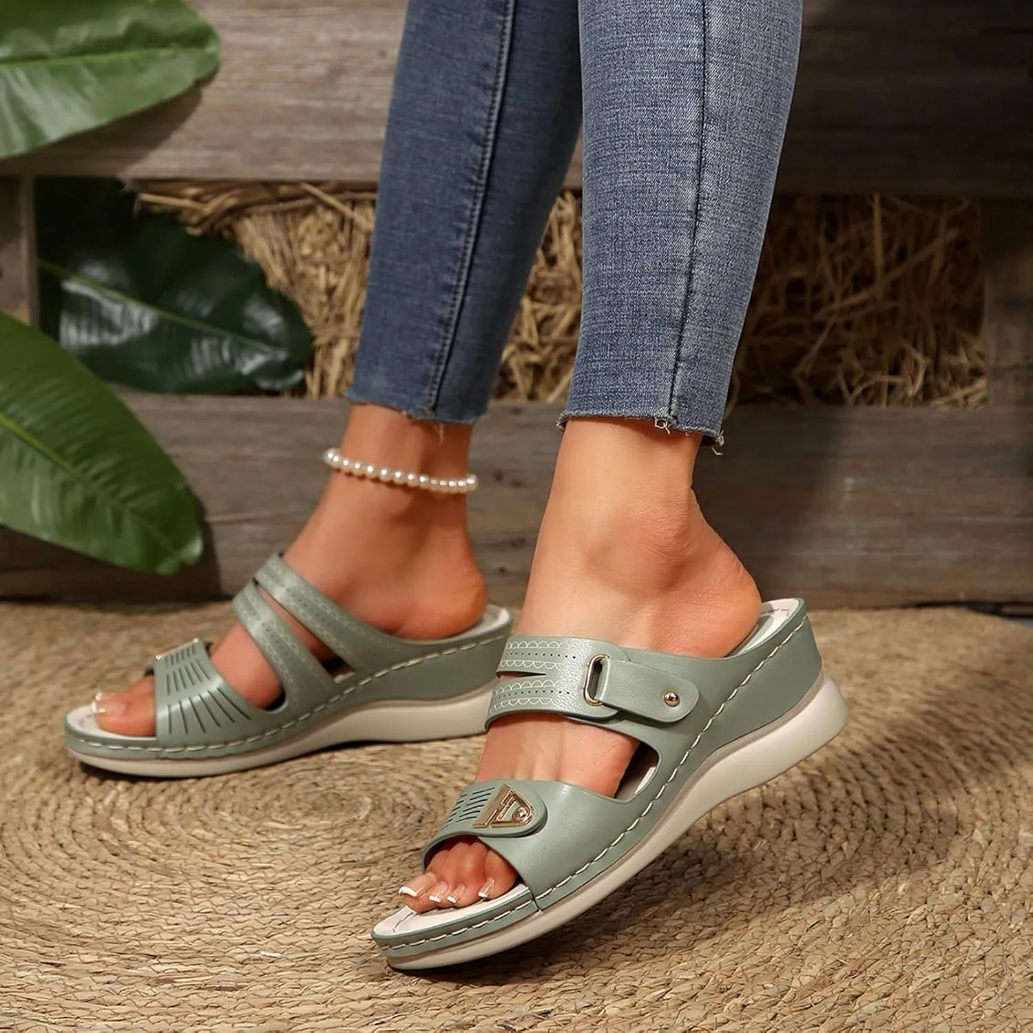 Women's Platform & Wedge Sandals Arch Support Slides Two Strap Slip on Orthopedic Sandals, Open Toe Hollow Out Metal Decoration Buckle Sandal Platform Walking Shoes