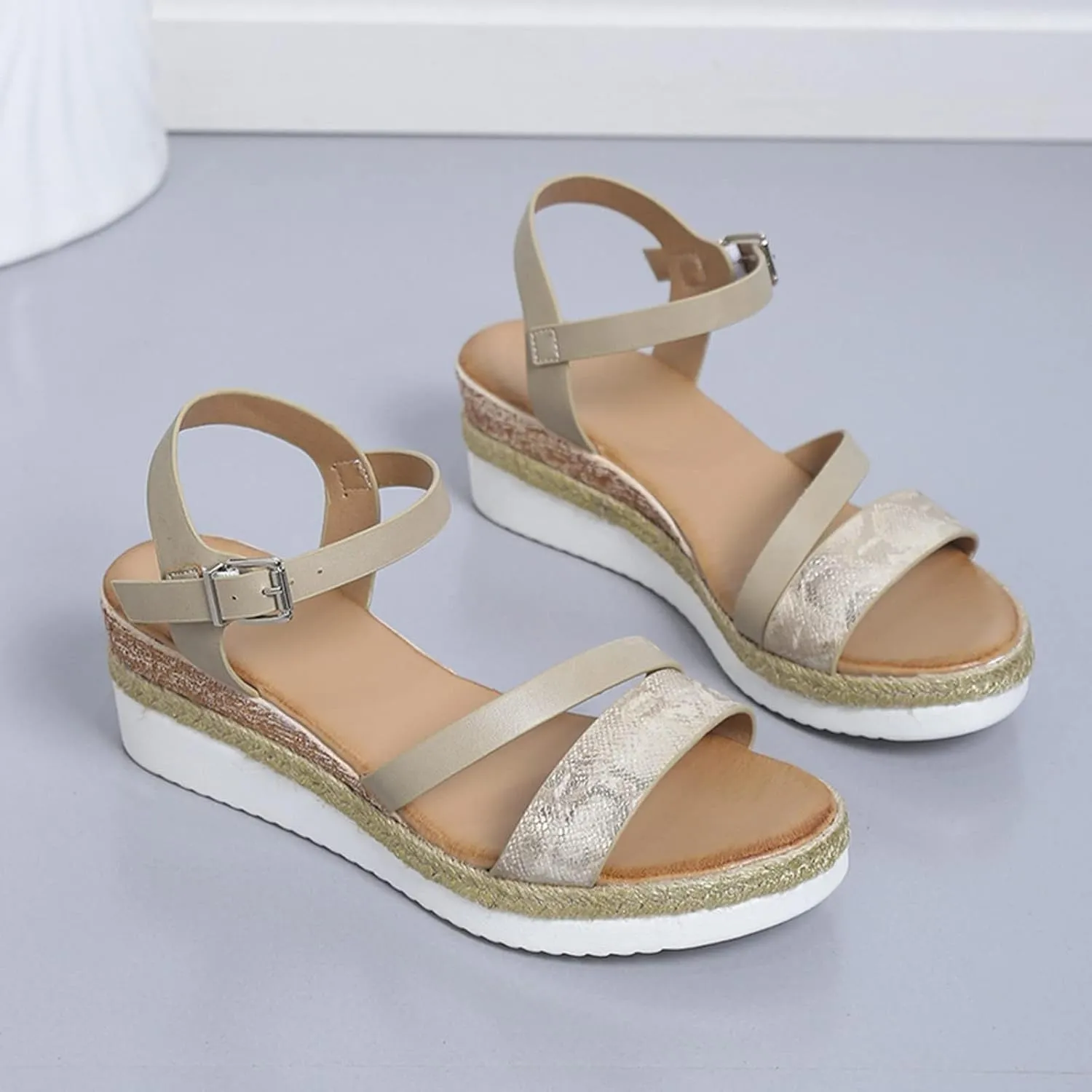 Women's Platform Espadrilles Wedge Sandals Comfortable Open Toe One Band Sandals Dressy Casual Summer Round Crisscross Sandal Stylish Espadrille Shoes Adjustable Ankle Strap Buckle