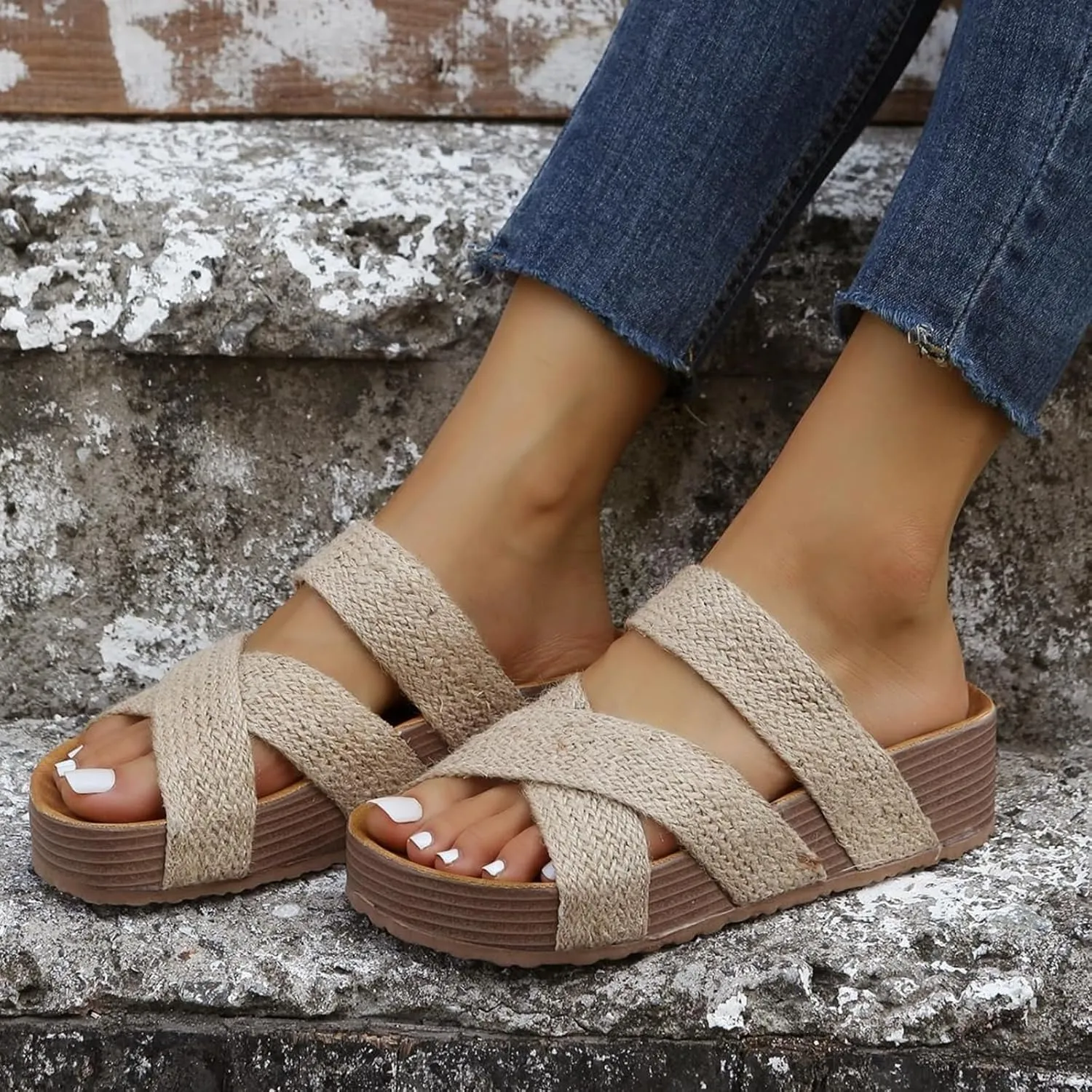 Women's Platform Sandals Flat Shoes Fashion Casual Hollow Open Toe and Lightweight Outdoor Slippers Flatform Crisscross Band Upper Slides Bohemia Raffia Wedge Espadrilles Slide Wedges