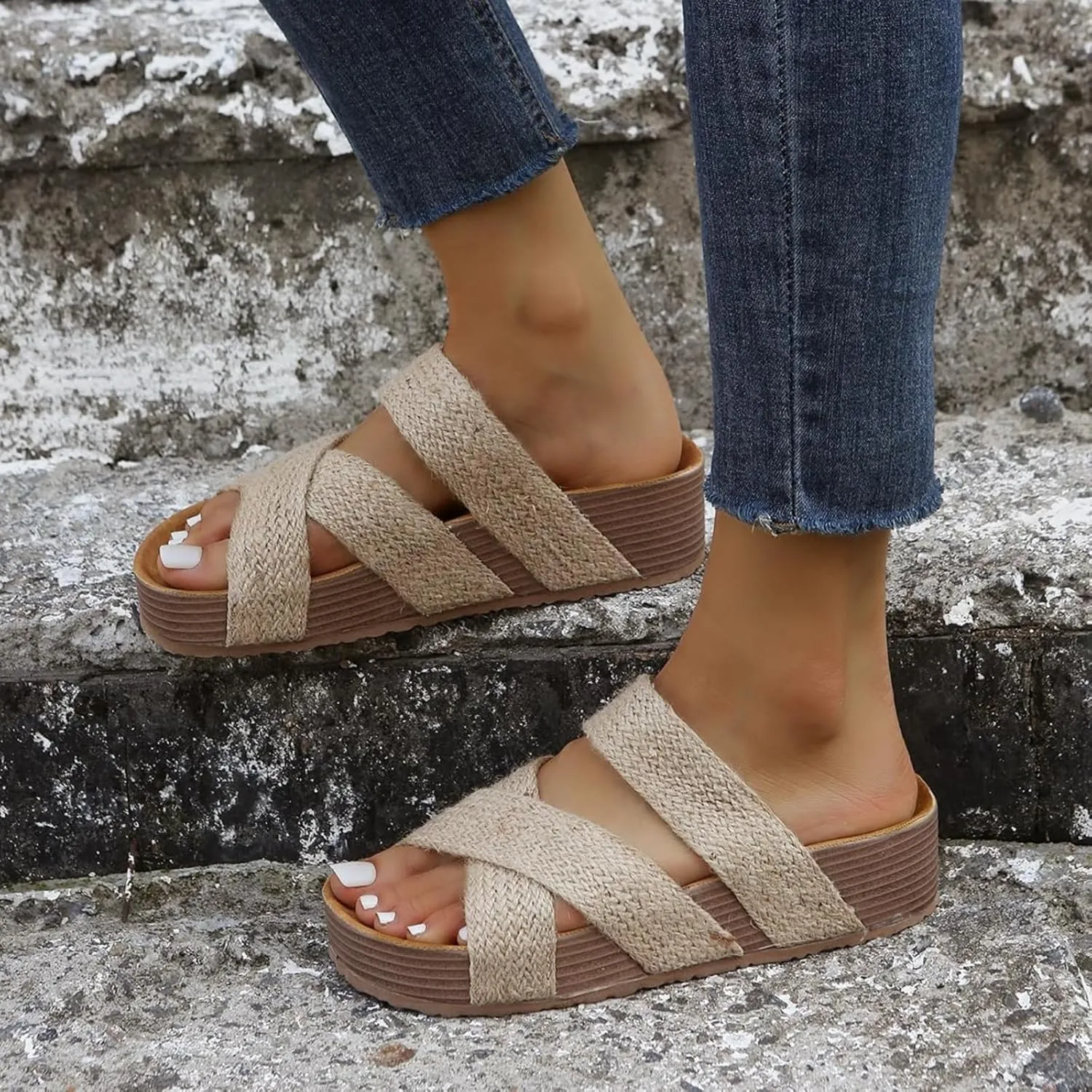 Women's Platform Sandals Flat Shoes Fashion Casual Hollow Open Toe and Lightweight Outdoor Slippers Flatform Crisscross Band Upper Slides Bohemia Raffia Wedge Espadrilles Slide Wedges