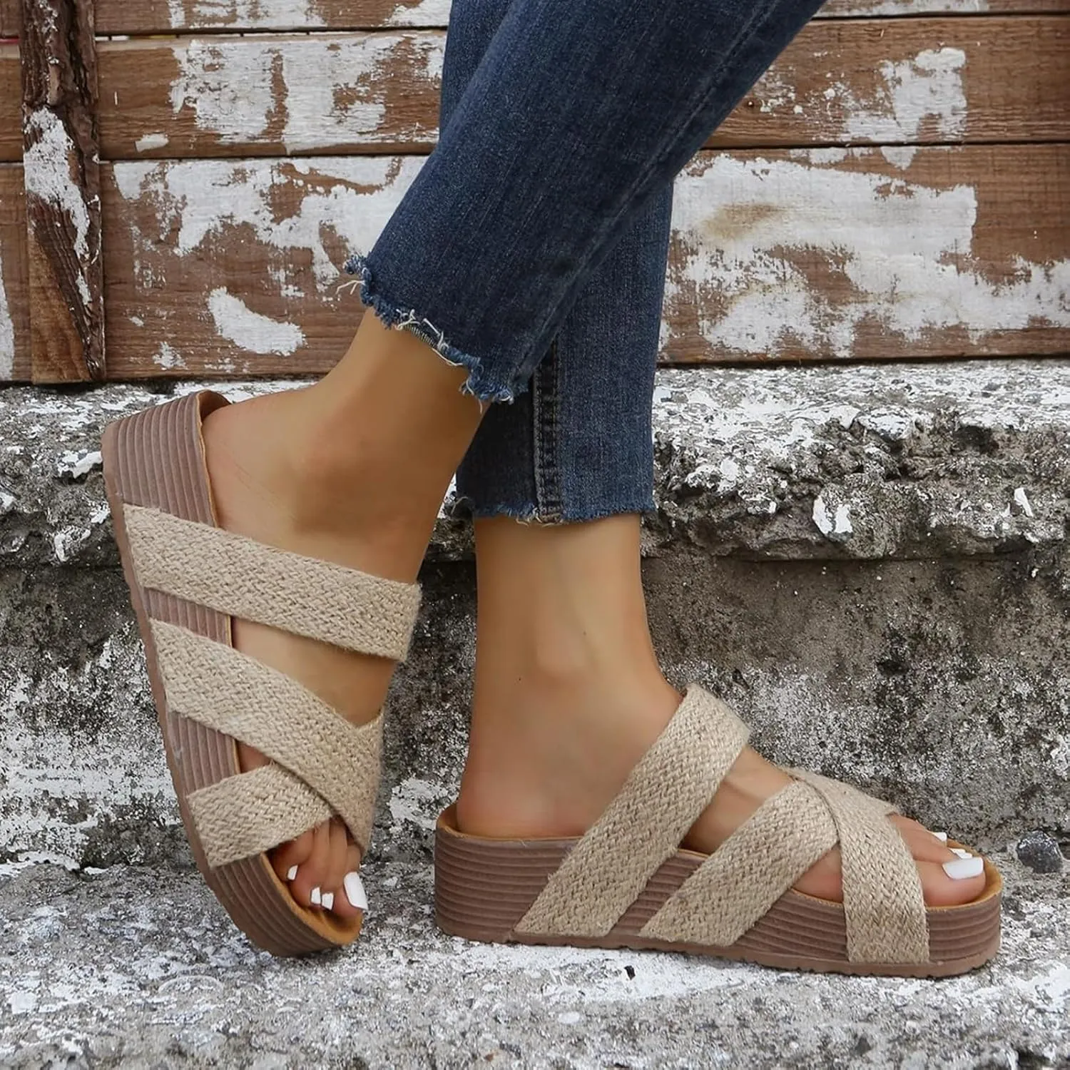 Women's Platform Sandals Flat Shoes Fashion Casual Hollow Open Toe and Lightweight Outdoor Slippers Flatform Crisscross Band Upper Slides Bohemia Raffia Wedge Espadrilles Slide Wedges