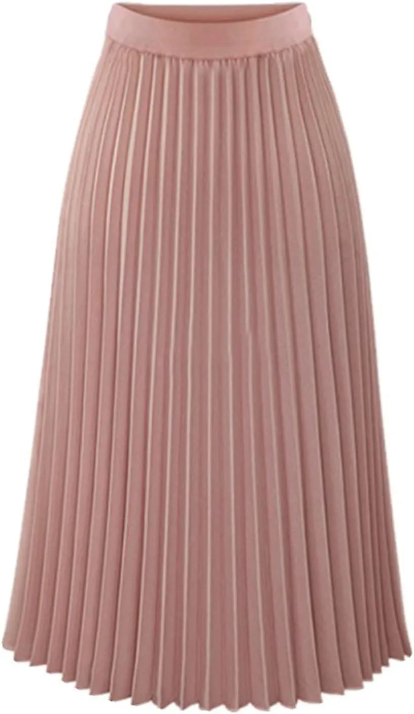 Women's Pleated Flare Midi Skirt High Waist Stretch A-Line Swing Skirts Flowy Elegant Party Casual Solid Dress