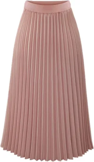 Women's Pleated Flare Midi Skirt High Waist Stretch A-Line Swing Skirts Flowy Elegant Party Casual Solid Dress